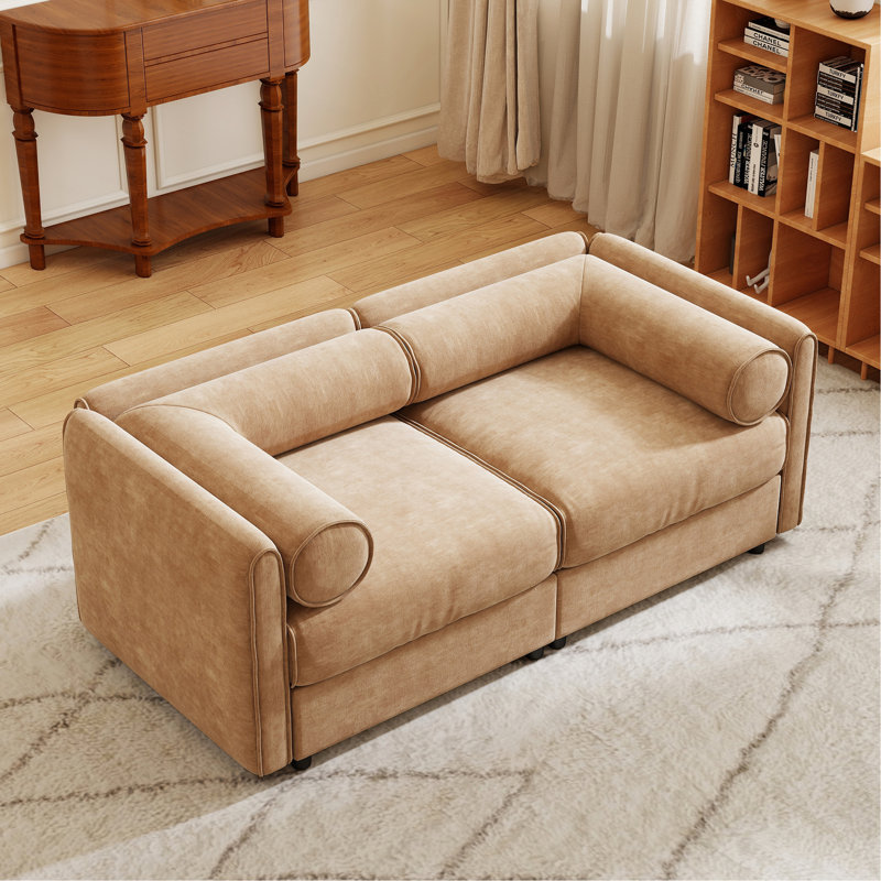 Élégant canapé en chenille 2 places Camel avec siège de rangement, dossier cylindrique et accoudoirs, causeuse moderne en tissu avec espace de rangement caché