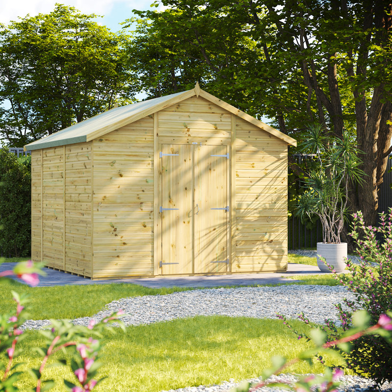 Powersheds 10 x 10ft Premium Pressure Treated Timber Windowless Apex Garden Shed, Double Doors