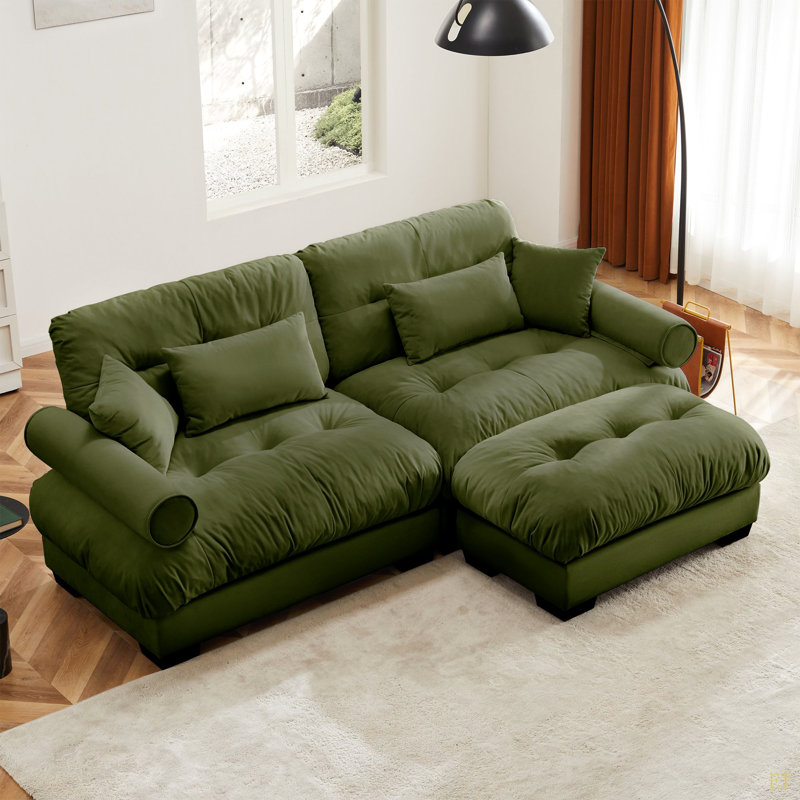Canapé deux places surdimensionné moderne avec repose-pieds, fauteuil 2 places en velours avec accoudoirs à traversin rond, avec coussin de taille et coussins décoratifs, petit canapé en forme de L pour le salon, la salle de lecture