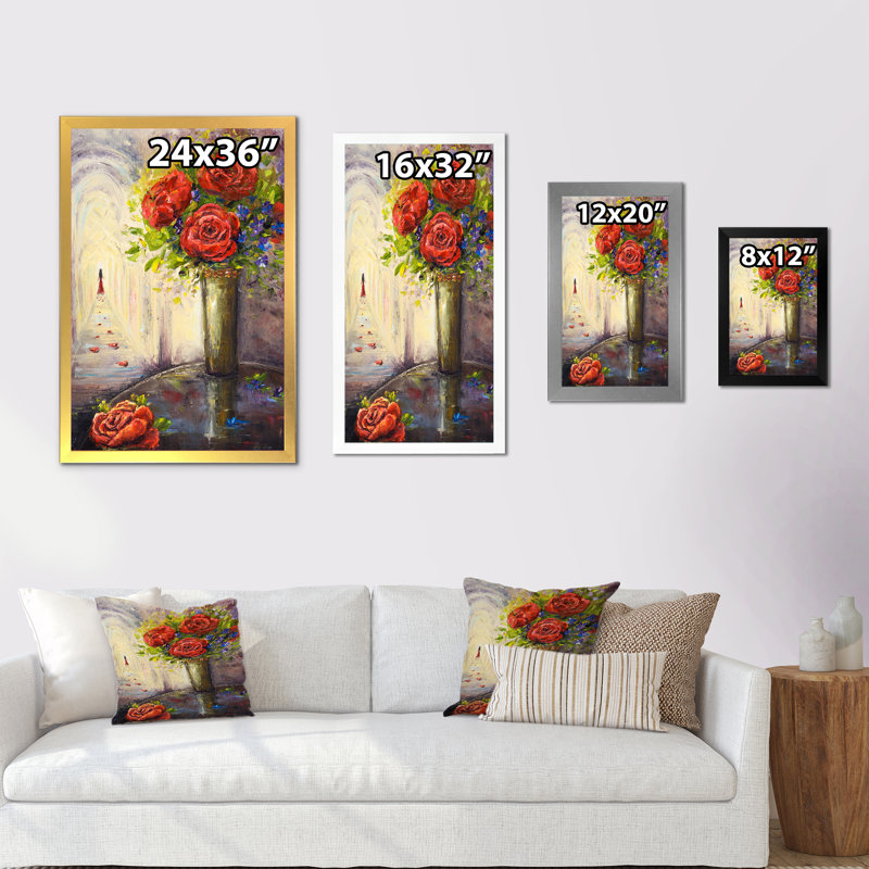 Roses et amour - reproduction d'art sur toile traditionnelle, H 36 po x l 24 po x P 1 po, Cadre photo blanc