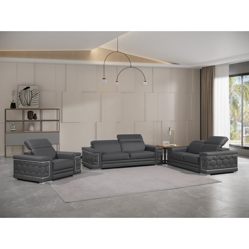 Ensemble de canapé en cuir véritable 3 pièces Charliee, Gris