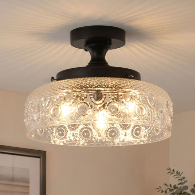 Modern 12.2" 3-Light Matte Black Flush Mount Ceiling Light with Textured Clear Glass Shade
