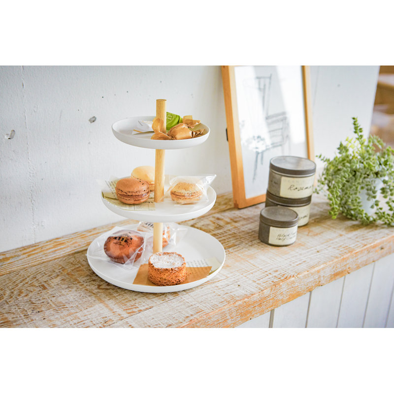 Tosca Minimalist White Steel & Warm Wood 3-Tier Serving Stand