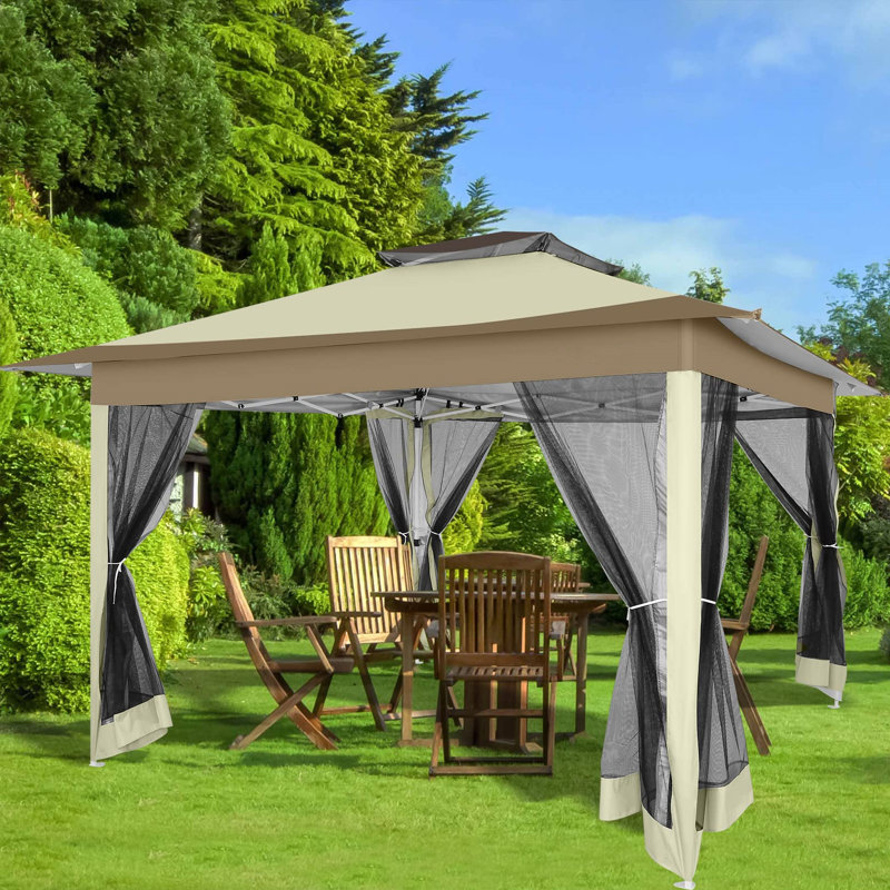 12x12 Outdoor Pop Up Canopy with Mosquito Netting Patio Tent Backyard Canopy with 2-Tiered Vented Top 3 Adjustable Height