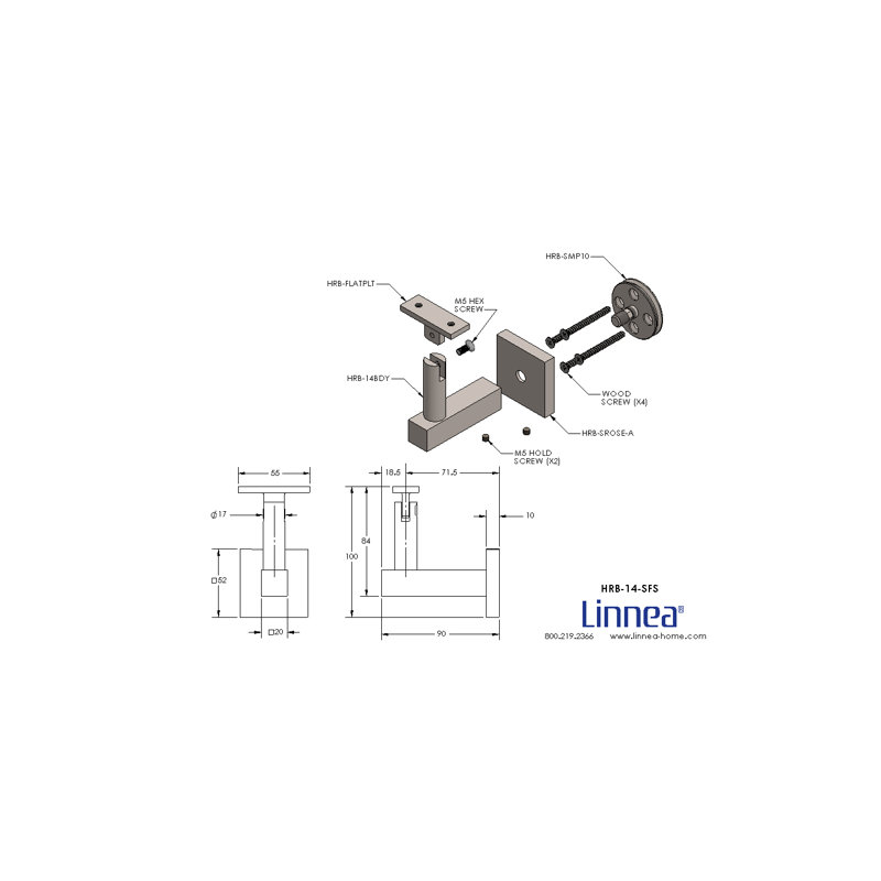 Surface Mount Handrail Bracket with Square Rose and Flat Plate, Satin Stainless Steel