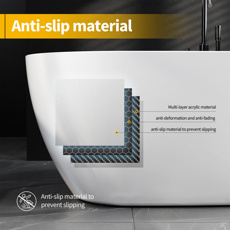 67" Deep Soaking Bathtub, Non-Slip Acrylic Tub with Chrome Drain,  Ergonomic Modern Bath for Bathrooms, Easy-Install, Pearl