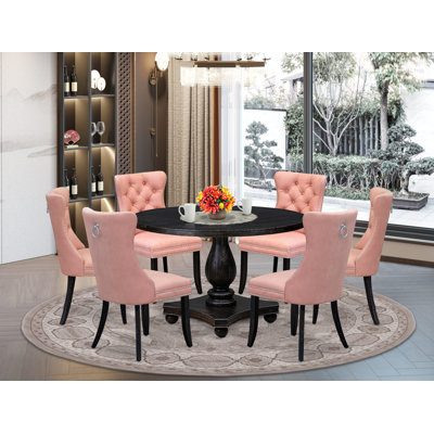 Ensemble de salle à manger 7 pièces composé d'une table ronde de 48 po avec piédestal et de 6 chaises rembourrées en similicuir beige, noir sablé