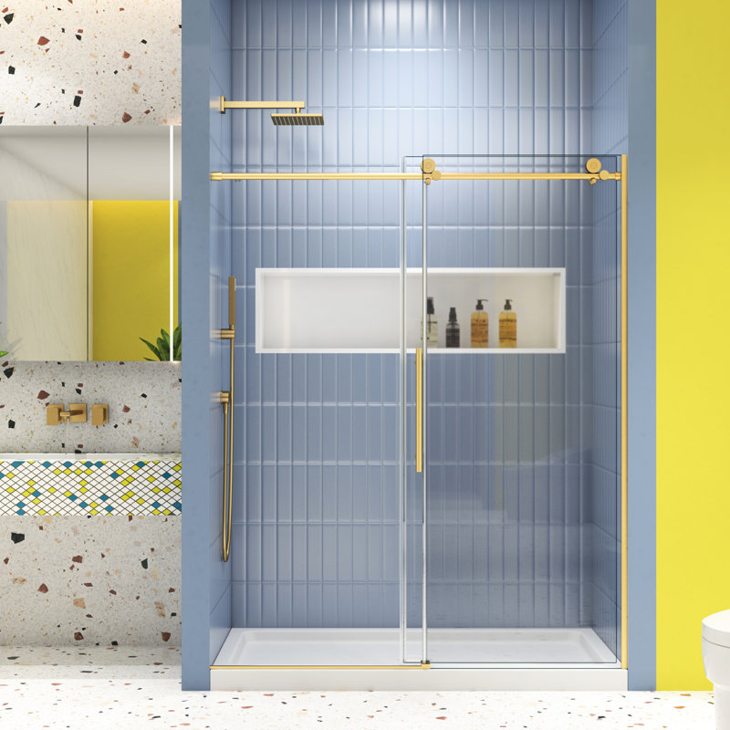 Porte de douche coulissante en or brossé - verre trempé 5/16 po, fuite, verre doré 56-60 po x74, aspect à fermeture en douceur