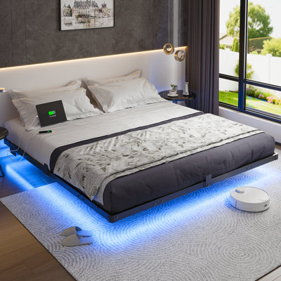 Modern Floating Bed Frame with Smart LED Lights, USB Charging, Sturdy Metal Platform, No Box Spring Needed