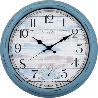 16 inch waterproof indoor and outdoor clock with thermometer, silent and tick free battery movement, large and easy to read blue dial, suitable for terraces, swimming pools, porches, gardens