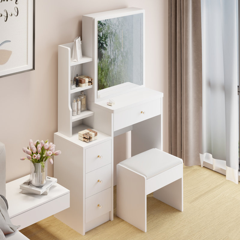 Très grande coiffeuse à miroir coulissant à droite avec tabouret pour petits espaces - matériau 29,2 po et zone blanche coussinée