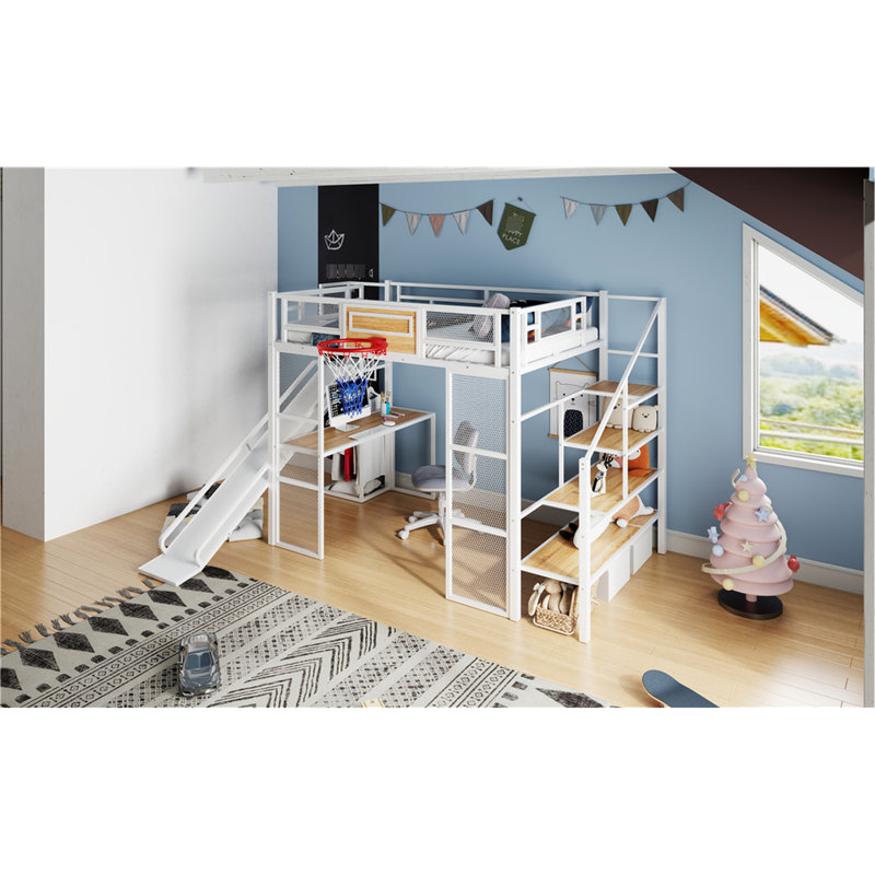 Lit mezzanine double en métal, blanc, avec bureau, garde-robe, cerceau, glissade et escalier - Lit Charisma blanc ouvert et élégant