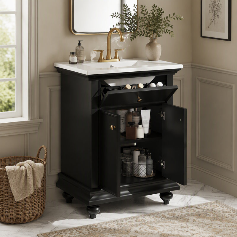 Meuble-lavabo moderne de 61 cm (24 po) avec lavabo en céramique, design à panneaux surélevés et pieds tournés vers le haut, tiroir basculant, étagère réglable et charnières à fermeture douce.