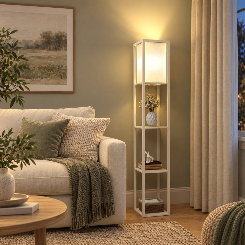 Floor Lamp with 3 Layers Wooden Shelves, Modern 160cm Standing Light Reading Lamp for Living Room, Yes, White