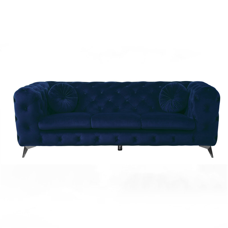 Godsey Upholstered Sofa with Metal Leg, Blue Velvet, 30" H x 90" W x 41" D