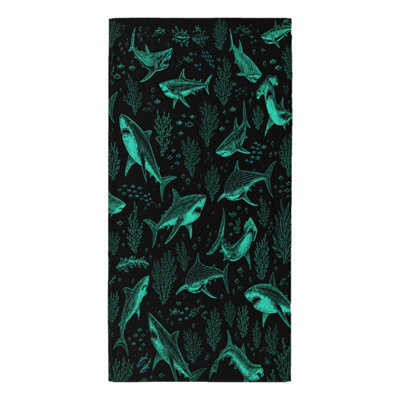 Ensemble de 1 serviette de plage requin rétro, avec des illustrations sarcelle complexes sur fond noir, parfait pour la baignade, les voyages et les aventures en plein air, unisexe