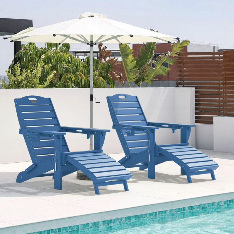 HDPE Adirondack Foldable Chair with Retractable Ottoman, Navy Blue
