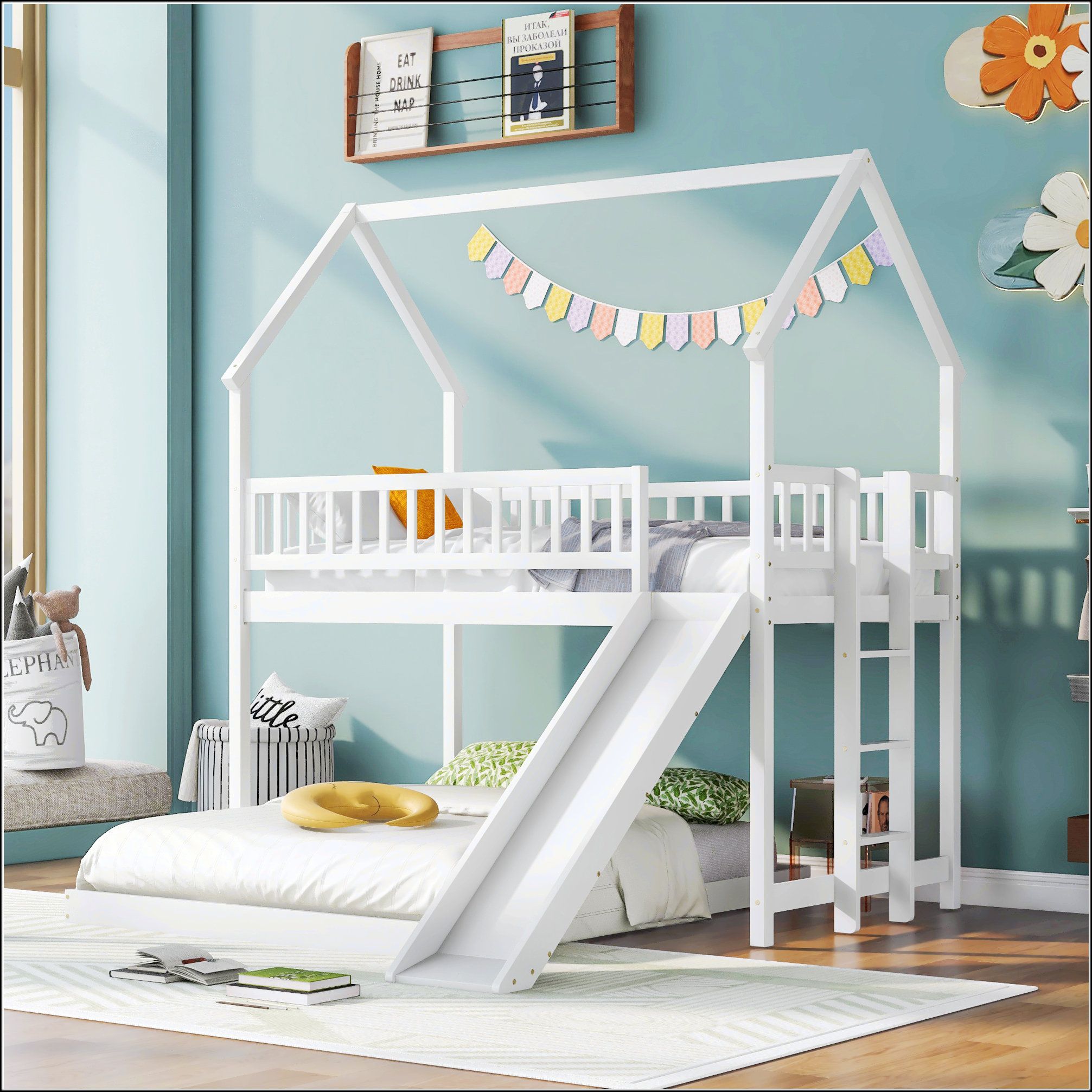 Harper Orchard Twin Over Full House Bunk Bed With Slide And Built-In ...
