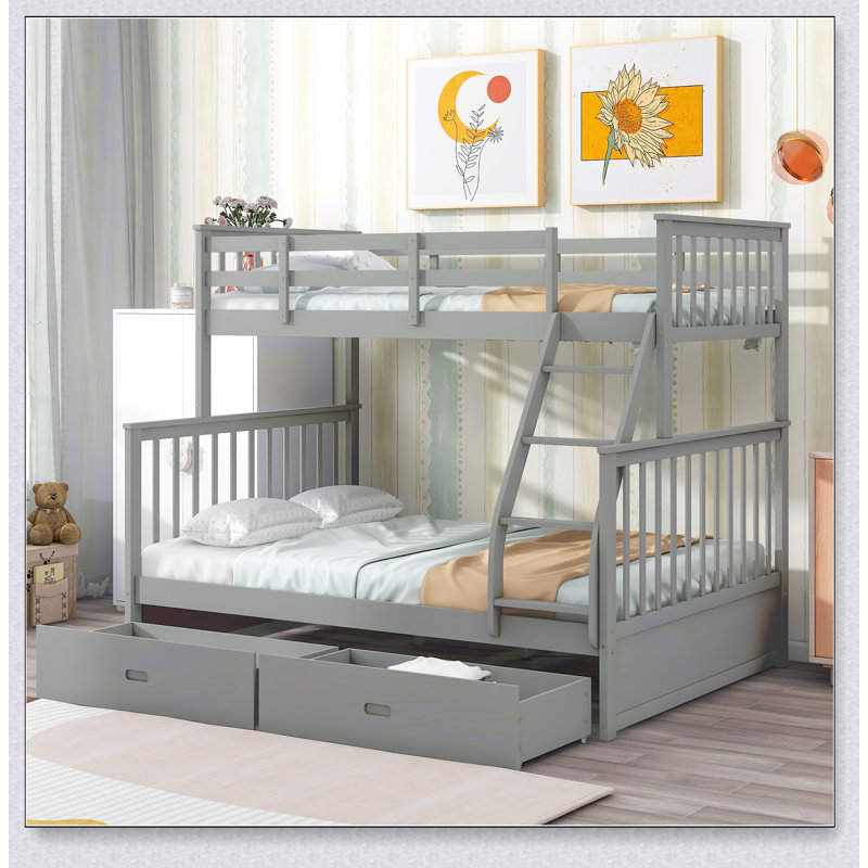 Twin Over Full Bunk Bed With Storage Drawers, Wooden Bunk Bed With Ladder And Safety Guard Rails, Gray