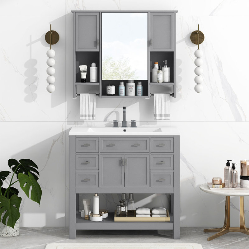 Ensemble de meuble-lavabo simple 36 po avec plateau en céramique et miroir Marelene, Gris
