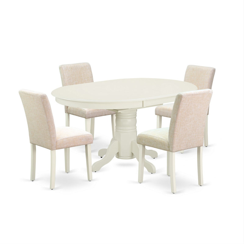 L'ensemble 5 pièces de table et chaises de cuisine comprend une table ovale en bois avec feuille papillon et 4 chaises Parsons en tissu de lin beige clair, 42 x 60 pouces, blanc lin