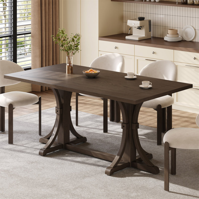 Table de salle à manger TREXM en bois massif pour 6 personnes, 152 cm (60 po), style rustique, avec piètement à tréteaux et pieds incurvés, finition chêne naturel, idéale pour la cuisine et la maison.