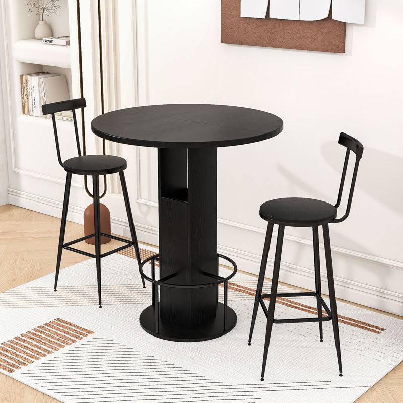 Ensemble de table de salle à manger 3 pièces avec rangement et 2 tabourets de bar pour petits espaces, Noir