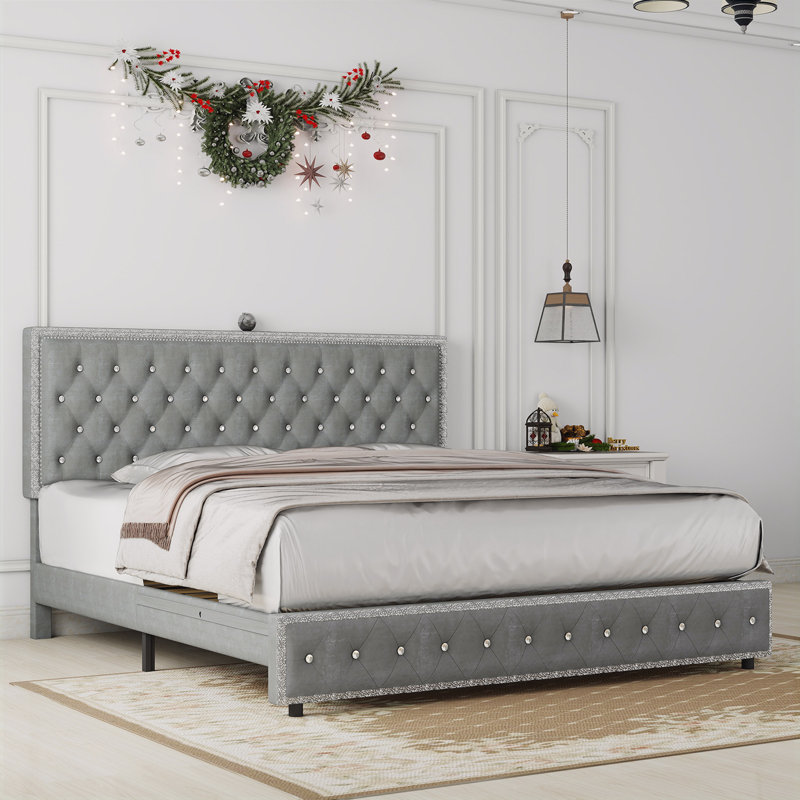 Lit rembourré avec bouton en losange, cadre de lit moderne avec projecteur Galaxy, pas de sommier tapissier et lattes de bois robustes sans bruit, polyuréthane