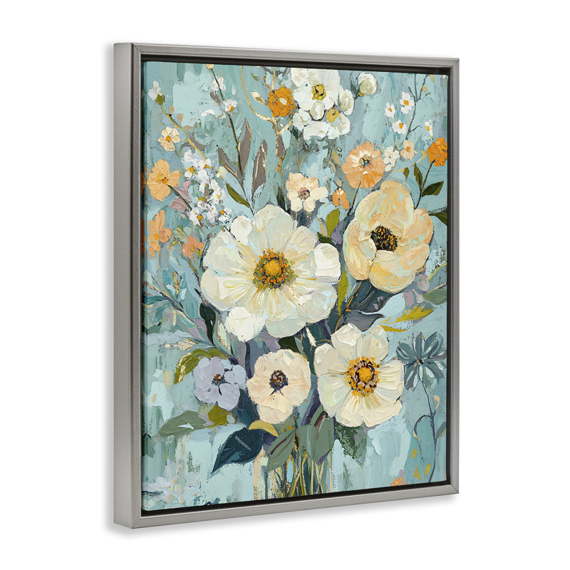 Cadre flottant fleurs mixtes crème, design par Franklyn Gregory, Cadre flottant gris lustré, H 21 po x l 17 po