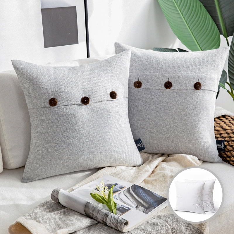 Linen Square 18" Throw Pillow with Coconut Shell Button Closure, 18" x 18", Light Gray, Polyester