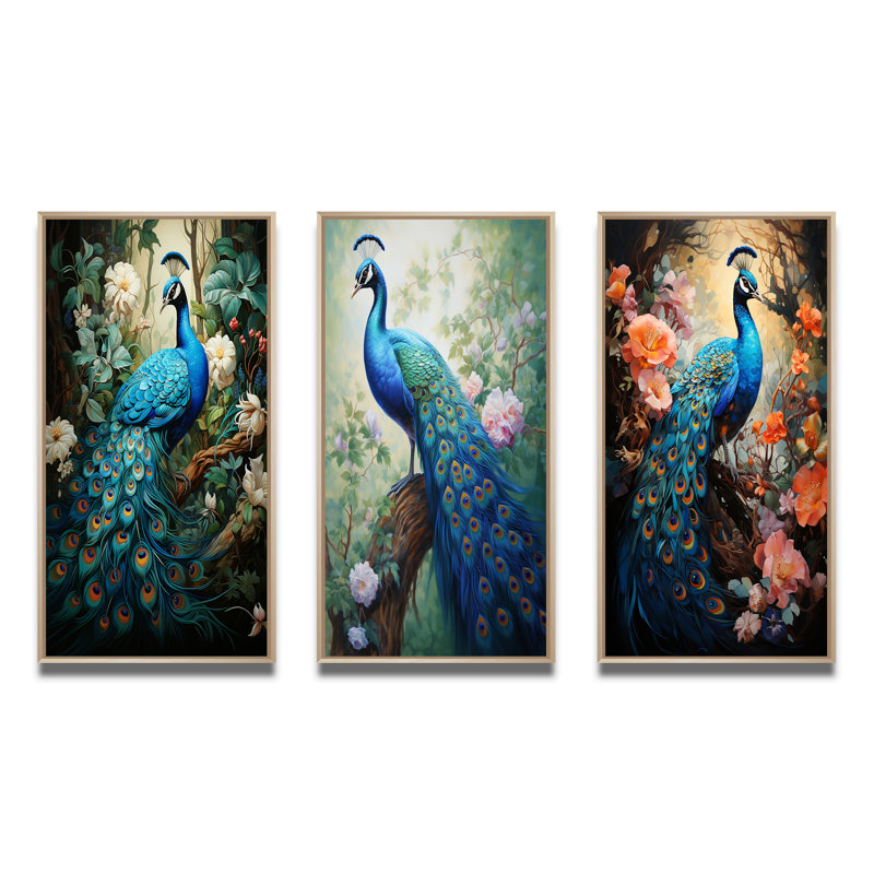 «Teal Peacock Monicol», 3 pièces sur toile, Cadre flottant noir, H 28 po x l 36 po