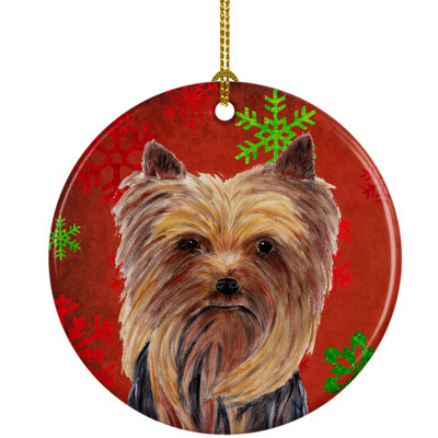 Ornement figurine suspendu en céramique de noël yorkie flocons de noël