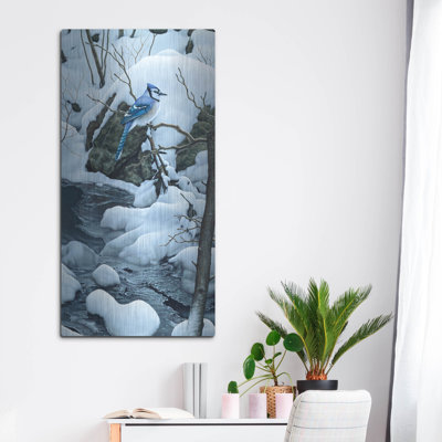 «Tranquil Morning - Blue Jay» par Mark Mueller, art mural en métal, 24 po x 48 po