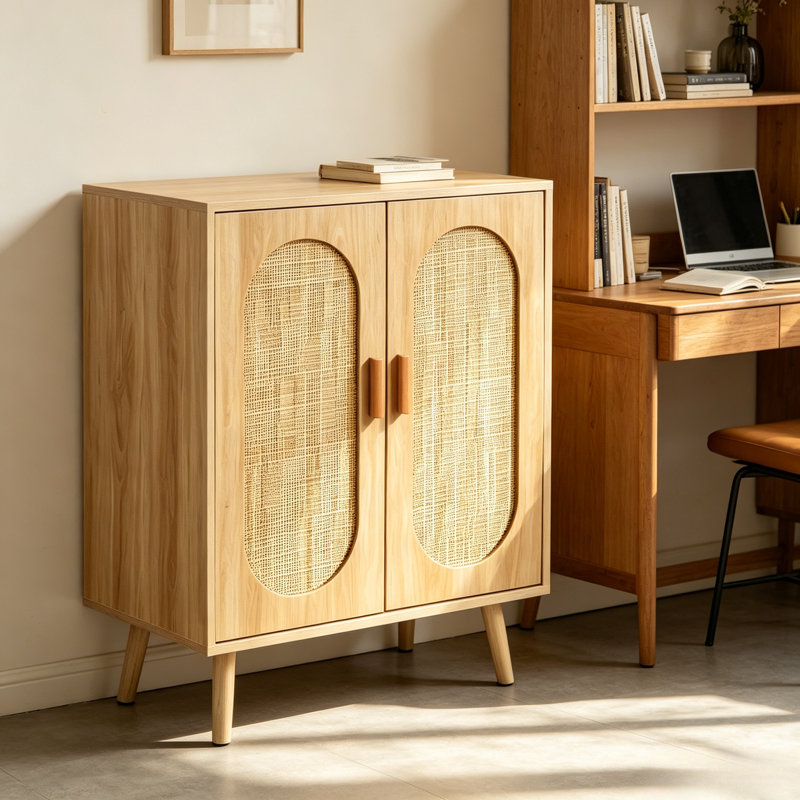 Armoire de rangement décorative à deux portes en rotin naturel avec quatre niveaux d'espace de rangement, compartiments réglables, panneaux latéraux médiévaux et modernes
