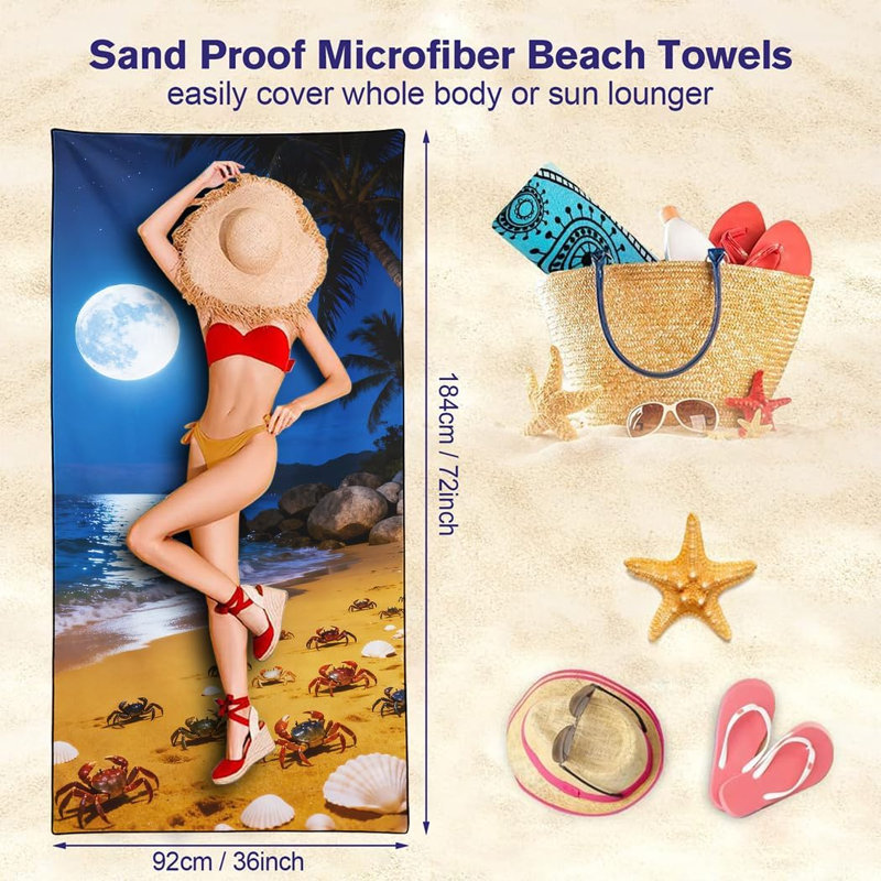 Serviette de plage Moonlit Crabs, serviette en microfibre fine à séchage rapide 30 "x 63" sans sable pour camping