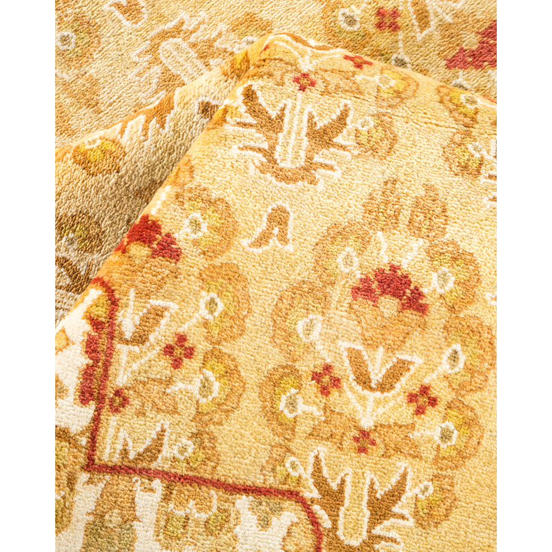 Tapis traditionnel doré noué à la main de conception unique 6 pi 1 po x 9 pi 3 po Keller