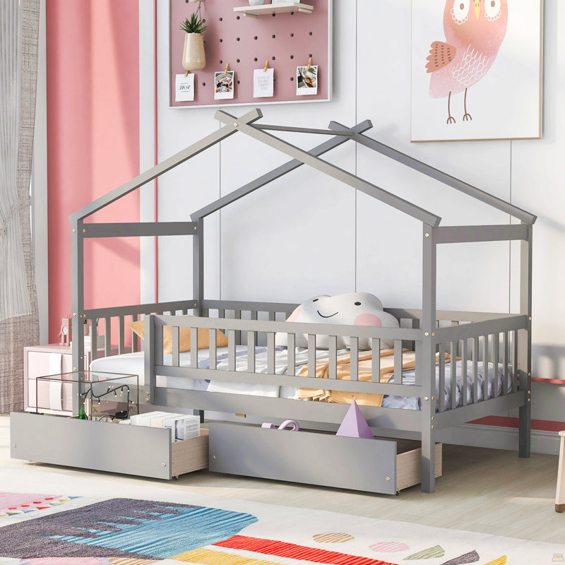 Lit simple en bois avec deux tiroirs, Gris