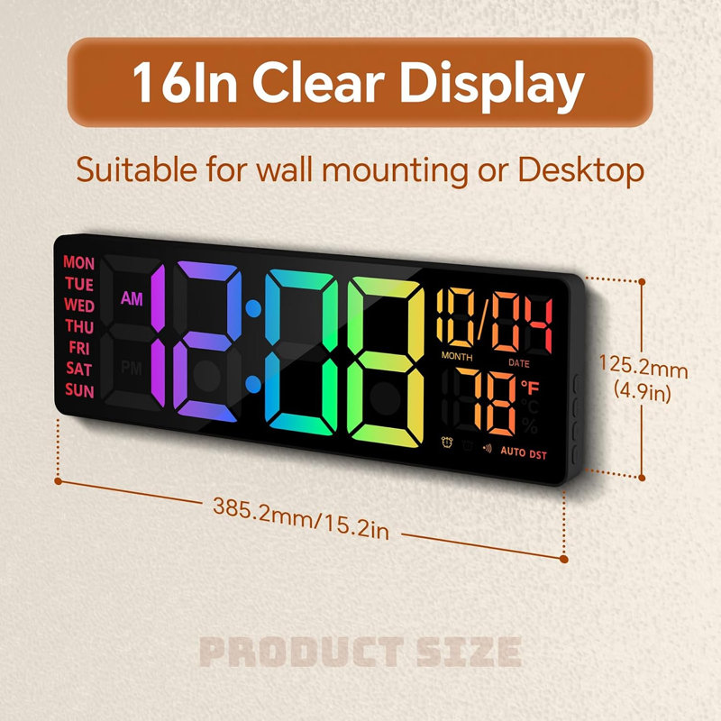 Horloge murale numérique DEL de 15,2 po avec grand affichage, réveil et calendrier numérique pour salon, chambre, bureau, magasin, salle de sport, cadeau pour les aînés (fonctionne sur secteur seulement)