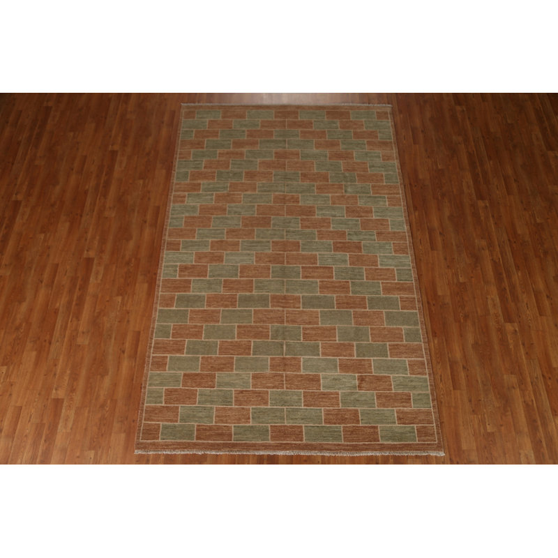 Tapis vert en laine noué à la main de conception unique 5 pi 11 po x 9 pi 2 po New Age