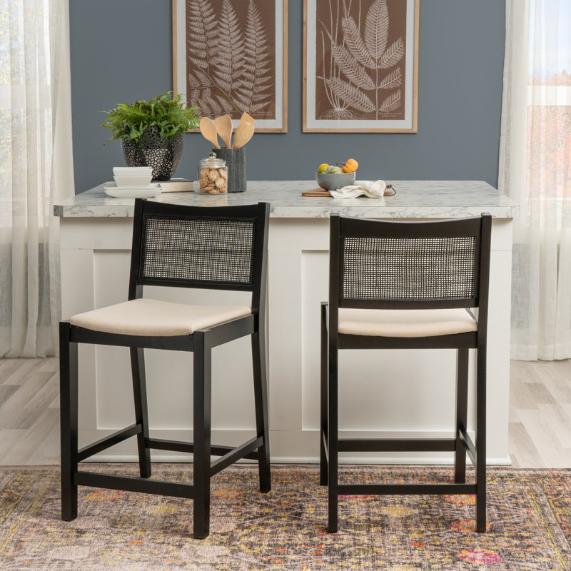 Donner Cane Back Upholstered Seat Count Bar Stool, Black, Counter Stool (25.25" Seat Height)