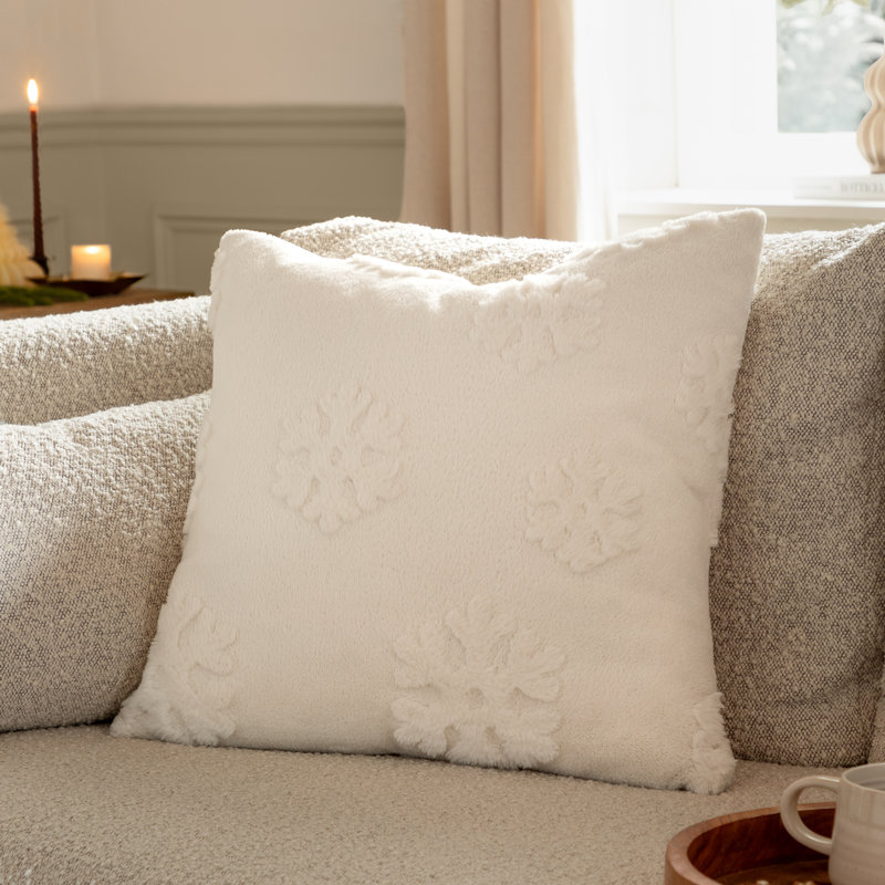 Snowflakes White Square Throw Cushion, Feather