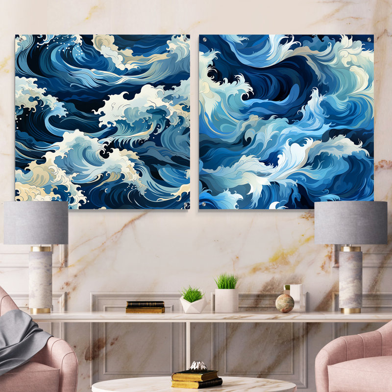 Ensemble de 2 écussons en acrylique blanc et bleu du Japon, H 16 po x l 33 po