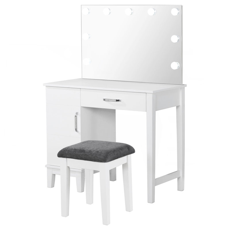 Elijah White And Dark Grey Vanity Set With Lighting And Stool
