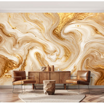 Wall Mural Peel and Stick Wallpaper Beige liquid marble canvas abstract painting gold line Self-Adhesive Removable Contact Paper Wall Decor for Living Room Bedroom 69"H x 96"W