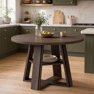 Table de salle à manger ronde 43,3 po pour 4 à 6 personnes - Base en piédestal en bois et tablette de rangement, peu encombrante - pour la cuisine, le salon, l’appartement