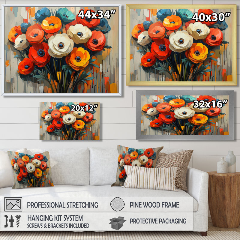 «Vibrant Garden of Ranunculus Flowers V», art sur toile Renoncule, Reproduction encadrée d'une seule photo, H 30 po x l 40 po