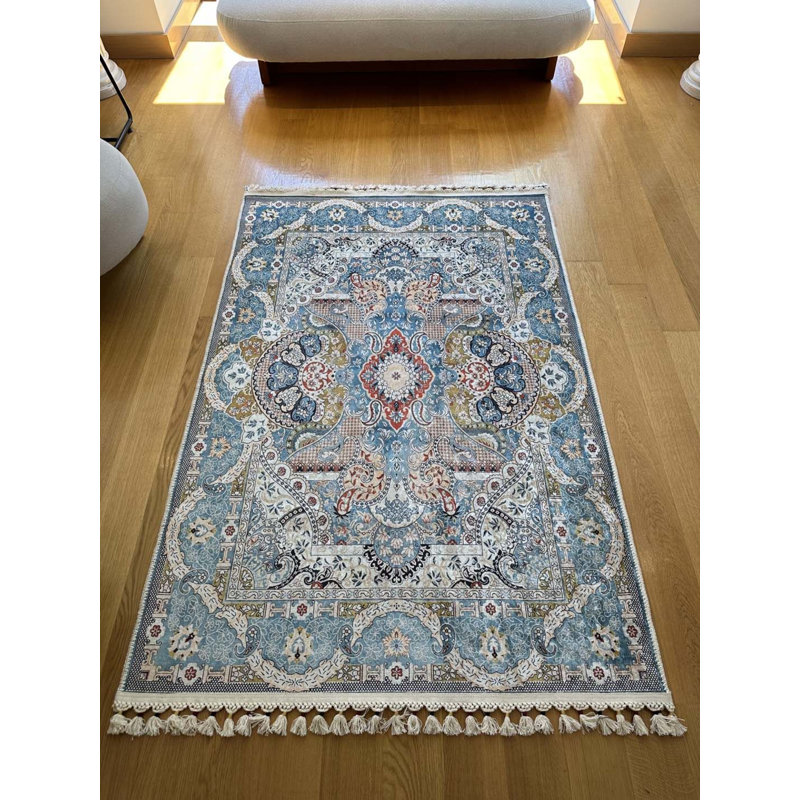 Coton à imprimé numérique oriental bleu Toscana Tapis chenille antidérapant, Rectangle 6 pi 7 po x 11 pi 6 po