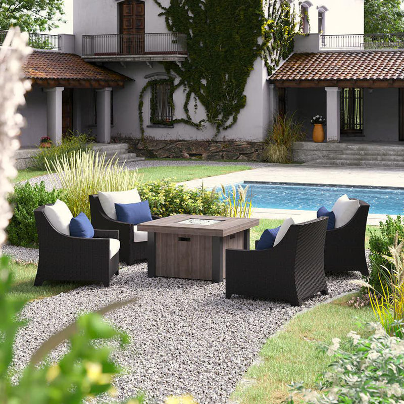 Deco 5 Piece Fire Pit Set with Cushions, Canvas Regatta Sunbrella® Canvas