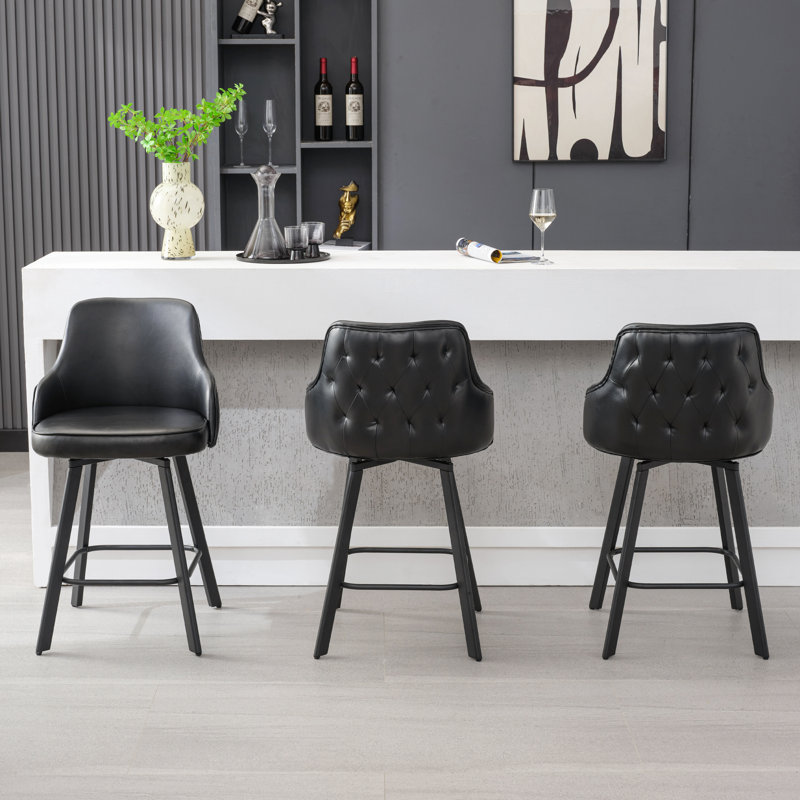 Tabouret de comptoir pivotant rembourré en cuir avec pieds en métal (ensemble de 3), Noir, 3