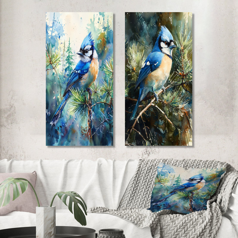 «Blue Jay parmi les pins III», art mural 2 pièces, Toile tendue, H 28 po x l 25 po
